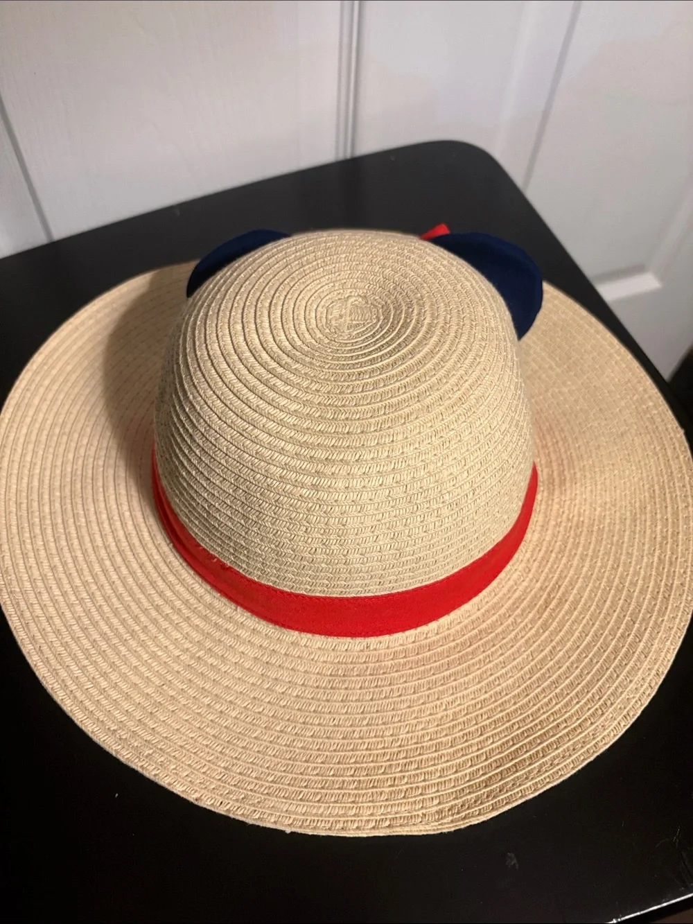 Disney Tan Sun Hat with Minnie Mouse, Blue Ears and Red Bow Velcro chin strap